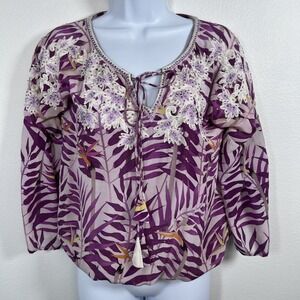 Taj By Sabrina Crippa Womens Silk Blouse Sz S Purple Beaded Resort Cruise Boho